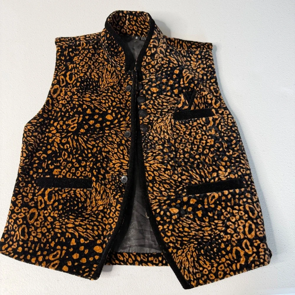 Kids Velour Leopard Print Vest‎ Knot Button Mandarin Collar Statement Vest YS